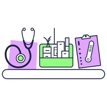 A collection of medical instruments is neatly arranged on a table. On the left side, there is a stethoscope with a green diaphragm resting on a purple cloth. Next to it, a syringe with clear markings lies beside a pair of silver scissors. In the center, a small green tray holds several different-sized bandage rolls. On the right, a thermometer is displayed, positioned next to a purple notepad with a pencil. The table has a smooth surface, and the arrangement creates an organized appearance.