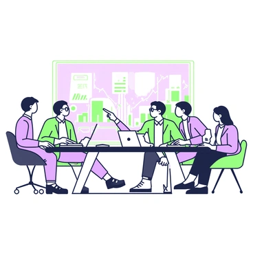 A group of financial analysts is seated around a sleek conference table in a modern office. There are three men and two women in business attire, with one woman wearing glasses and holding a laptop. Each analyst has documents and digital devices in front of them. On the wall behind them, there is a large screen displaying a line graph related to the new IPO. The window shows a cityscape, with tall buildings and a clear sky visible outside. One analyst is pointing at the graph while others are engaged in discussion, taking notes, and referencing charts.