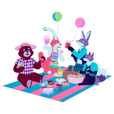 A vibrant scene depicting various animals dressed in human clothes enjoying a picnic. A cheerful bear wearing a checkered shirt and a straw hat is sitting on a picnic blanket, holding a sandwich. Next to it, a rabbit dressed in a floral dress is pouring juice from a colorful pitcher into cups. A fox in a blue button-up shirt is juggling fruits in the air, while a raccoon in overalls is rummaging through a picnic basket. Colorful balloons float above them, and a sunny sky adds warmth to the atmosphere. Various picnic foods, such as fruits, sandwiches, and desserts, are spread out on the blanket. Each animal has a joyful expression, enhancing the playful mood of the gathering.