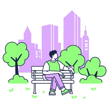 A young man is sitting on a bench in a park. He has short, dark hair and is wearing a casual shirt and jeans. The bench is made of wood with metal armrests. Surrounding the park are tall, shadowy buildings that loom in the background, creating a sense of enclosure. The ground around the bench is covered with grass and a few scattered leaves. In the distance, there are trees with thick trunks and dense foliage, adding to the park's ambiance.