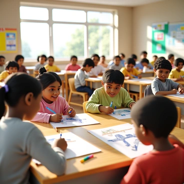 A classroom filled with children of various ethnicities engaged in an art project. In the foreground, a group of children are sitting at their desks, each focused on drawing TGV trains. They are using colorful markers and pencils, with sheets of white paper spread out in front of them. Some children are smiling while showing their drawings to their classmates, while others concentrate intently on their artwork. The walls of the classroom are decorated with educational posters and children's artwork. Sunlight streams through the windows, illuminating the scene.