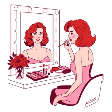 A red-haired woman resembling "Marilyn Monroe" is sitting in a bright white dressing room. She is applying red lipstick in front of a large illuminated mirror, surrounded by makeup brushes and shimmering eyeshadow palettes. Her hair is styled in glamorous waves, and she is wearing a sparkling silver dress that catches the light. On the vanity, there are several tubes of lipstick and a small bouquet of red roses in a glass vase. The room is filled with soft white lights that create an inviting atmosphere.