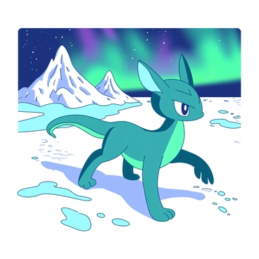 A teal Greninja is traversing a vast, frozen tundra covered in thick layers of snow and ice. The Greninja's body reflects the vibrant colors of the aurora borealis illuminating the night sky with swirling greens and purples. In the background, jagged ice formations rise sharply against the horizon, glistening under the soft light. The Greninja's ninja-like stance shows its agility and readiness as it moves gracefully across the icy terrain. The ground is marked with faint footprints trailing behind it, blending into the pristine whiteness of the tundra.