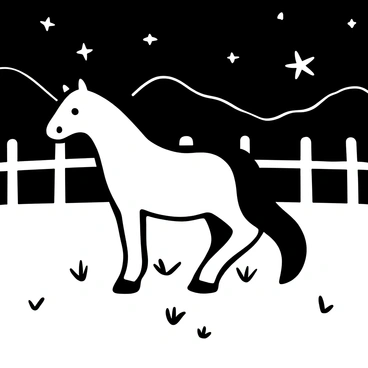 A horse standing calmly in a paddock, surrounded by a wooden fence. The paddock is illuminated by the light of multiple stars in the night sky. The horse has a sleek coat and is positioned sideways, with its mane gently flowing in the breeze. Several patches of grass and small wildflowers are visible on the ground. The outlines of distant hills are faintly visible under the starlit sky.