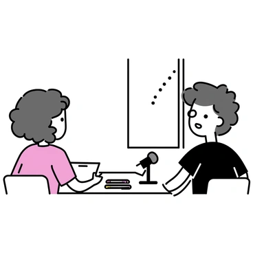 A renowned illustrator, seated at a wooden table in a bright room, is engaged in an interview. The illustrator has short, wavy brown hair and is wearing a black t-shirt and glasses. A notepad and a colorful set of markers are laid out on the table in front of them. A microphone is positioned nearby, capturing their thoughts. To the right of the illustrator, a tall window allows natural light to illuminate the space. The interviewer, a middle-aged woman with curly hair and dressed in a red blouse, is seated across from them, holding a digital tablet for notes. The atmosphere suggests a focus on creativity and collaboration.