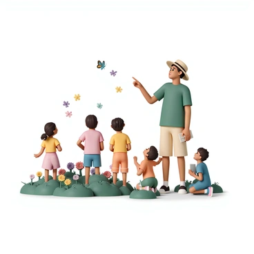 A teacher, wearing a green shirt, beige shorts, and a sunhat, is leading a group of four children on a nature walk. The teacher is pointing towards a colorful butterfly fluttering above a patch of vibrant flowers. The children, dressed in various bright outfits, are looking up at the butterfly with expressions of curiosity and excitement. The setting features lush greenery, colorful flowers in shades of red, yellow, and purple, and small butterflies scattered throughout the scene. One child is kneeling down to examine a flower while another is holding a small notebook, ready to take notes on their observations.