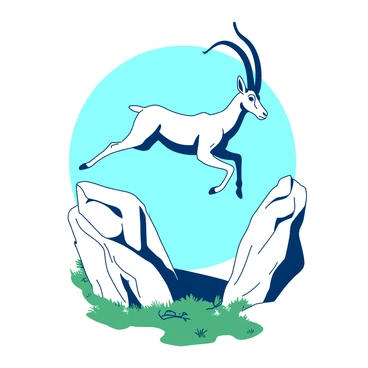 A teal ibex is leaping gracefully between two rugged white rocky outcrops. The ibex has large curved horns and its fur is textured and detailed, showcasing its powerful physique. Below the outcrops, there are patches of green grass and small wildflowers, adding a touch of life to the rocky terrain. The background features a clear blue sky, providing a bright contrast to the scene. The dynamic pose of the ibex captures the essence of its agility and strength as it soars through the air.