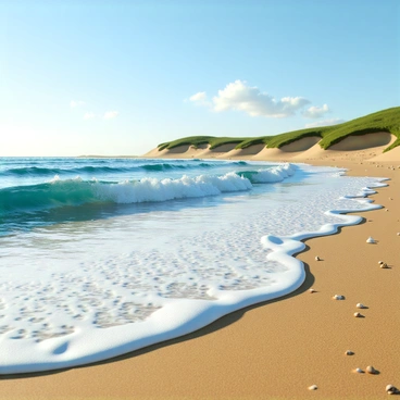 Waves crashing onto a sandy beach, with foamy white crests and clear blue water. Each wave expands and reaches further onto the golden sand, leaving glistening wet footprints behind. The beach is dotted with small pebbles and seashells, and the water reflects the sunlight, creating shimmering patterns. In the background, there are gentle rolling dunes covered in green grass, adding depth to the coastal scene. The horizon shows a clear blue sky, with a few fluffy white clouds scattered across it.