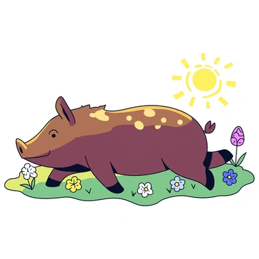 A wild boar with thick, coarse fur is lying on a patch of grass. The boar is a deep brown color with lighter flecks. The warm glow of golden hour light creates soft highlights on its body. Surrounding the boar are a few wildflowers in various colors, blanketing the ground. The scene conveys a tranquil atmosphere as the sunlight filters through the leaves of nearby trees, casting gentle shadows.