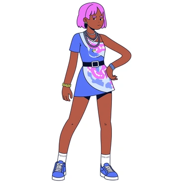 A fashion croquis stands in a dynamic pose, showcasing a fitted dress that features bold streetwear influences. The dress is adorned with vibrant graphics and asymmetrical cuts. The croquis wears chunky sneakers and layered necklaces that add an edgy flair to the outfit. On the wrists are multiple bracelets, and a wide belt cinches the waist. The hairstyle is contemporary, with an eye-catching color and style that complements the overall look.