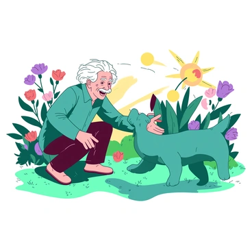 A teal dog with a wagging tail is playfully running around a white-haired man resembling Einstein in a sunlit garden. Einstein is crouching down with a big smile on his face, extending his hand towards the dog, inviting it to come closer. Surrounding them, there are colorful flowers in full bloom and bright green grass underfoot, creating a vibrant atmosphere. The sun casts warm rays, highlighting the joyful interaction between Einstein and the dog.