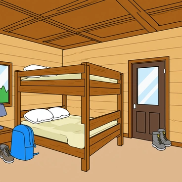 A cozy cabin-style bedroom featuring two wooden bunk beds, each with sturdy, rustic frames and thick, fluffy mattresses. The walls are adorned with wooden panels, and there are warm, soft-toned blankets draped over the beds. Next to the bunk beds, a small wooden nightstand holds a rustic lamp. Hiking gear is scattered throughout the room, including a bright blue backpack leaning against the wall, a pair of sturdy hiking boots on the floor, and a rolled-up sleeping bag positioned near the door. A window allows natural light to flood the room, showcasing the wooden beams in the ceiling.