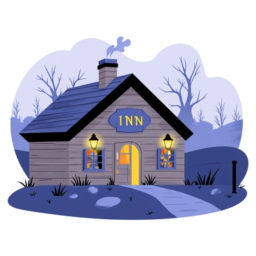 An inn with a weathered wooden exterior, located at the edge of a dark, misty moor. The building has a slightly crooked roof and a small chimney emitting wisps of smoke. Flickering lanterns are mounted on the walls, casting soft, warm light that contrasts with the cool blue and gray hues of the surrounding mist. The ground is uneven, with patches of grass and scattered rocks leading up to the inn. The moor beyond is shrouded in fog, with twisted trees partially obscured by the mist. An ancient sign hangs creaking in the wind, displaying the inn's name in faded letters.