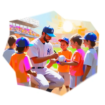 A group of excited children, wearing colorful baseball caps and jerseys, are gathered around a famous baseball player. The player, a tall man with a broad smile, is kneeling down to sign autographs on baseballs and hats. The kids have bright, eager expressions, some clutching their memorabilia tightly. In the background, a baseball stadium with cheering fans can be seen, and the sun is setting, casting a warm glow over the scene. The atmosphere is filled with joy and excitement as the player interacts with his young fans.