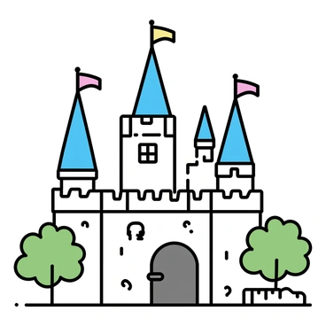 A large fantasy castle with tall towers and intricate stonework. The castle features multiple spires reaching towards the sky. It is adorned with "pied flags" fluttering in the wind and "banners" hanging from the battlements. The entrance is marked by a large wooden door with iron hinges, and there are small windows scattered throughout the structure. Lush green trees surround the castle, enhancing the majestic appearance.