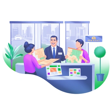A modern pastel illustration depicting a concierge in a stylish hotel lobby, standing behind a sleek reception desk. The concierge is a middle-aged man wearing a smart black suit and a name tag. He is smiling warmly at two guests, who are a young woman and a man, both holding large city maps and transit brochures. The background features tall windows showing a busy city street with cars and pedestrians. Elegant plants are positioned on either side of the concierge, adding a touch of greenery to the scene. Various travel brochures are neatly arranged on the desk, and a stylish hotel logo is visible on a sign behind the concierge.