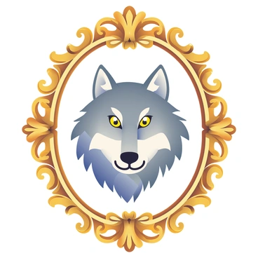 A detailed wolf head is positioned prominently within an ornate baroque-style frame that features intricate carvings and embellishments. The wolf's fur is thick and textured, displaying a mix of grays and whites, with sharp, piercing yellow eyes that convey a sense of alertness. The frame itself is rich with swirling designs and floral motifs, rendered in gold, adding a sense of opulence surrounding the wolf. The background of the image is a subtle gradient, enhancing the focus on the wolf and the frame.