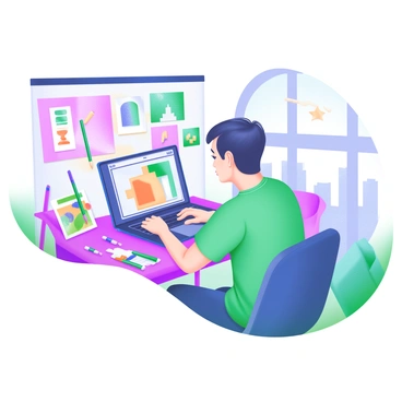 An illustrator working intently on a laptop, focusing on creating digital art. The laptop screen displays a colorful illustration in progress. Surrounding the illustrator are various vibrant sketches, showcasing different artistic styles and themes. The workspace features scattered art supplies, including colored pencils and sketch pads. The atmosphere is filled with a sense of creativity and inspiration, with hints of the Sheffield skyline visible through a nearby window.