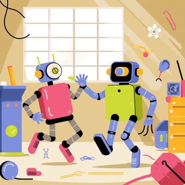 Two playful robots made from various junk parts are dancing joyfully in a cluttered workshop. One robot has a round head made from a tin can and mismatched limbs, while the other has a boxy body with a gear for a nose. Surrounding them are scattered tools, old machine parts, and bits of wire, adding to the chaotic atmosphere of the workshop. Sunlight streams through a dirty window, casting beams of light on the robots as they engage in their cheerful dance.