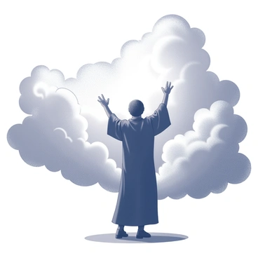 A preacher stands in profile, silhouetted against a backdrop of dramatic clouds. The sky is filled with swirling, tumultuous shapes, creating an energetic atmosphere. The preacher is shown with arms raised passionately, conveying the intensity of the sermon. The figure wears a robe that flows with the movement, enhancing the dynamic pose. The ground is slightly visible at the bottom, adding depth to the composition. Light filters through the clouds, accentuating the preacher's form and adding a sense of grandeur to the scene.
