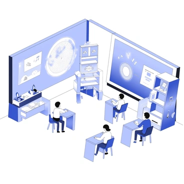 A classroom of the future features large interactive screens mounted on the walls. Each screen displays dynamic educational content. In the center of the room, multiple holographic projectors create three-dimensional images that float above the desks, illustrating complex subjects like biology and physics. Students sit at modern desks equipped with touch-sensitive surfaces, allowing them to interact with the holograms. The classroom is designed with flexible seating arrangements, promoting collaboration among students. Bright, adjustable lighting illuminates the space. Various educational tools and robotics are present on shelves, indicating a focus on technology-enhanced learning.