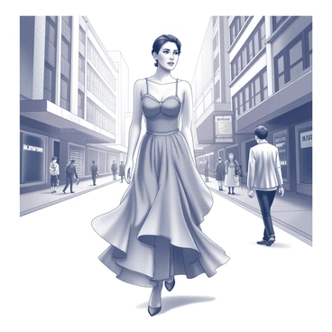 A woman wearing a flounce gown is walking down a bustling city street. The gown has layers that flow gracefully with each step. The woman carries herself with confidence, showcasing her poise and elegance. She has her hair styled neatly, complementing her overall look. Surrounding her are tall buildings, with a few pedestrians in the background going about their day. There are signs and storefronts lining the street, adding to the urban atmosphere.