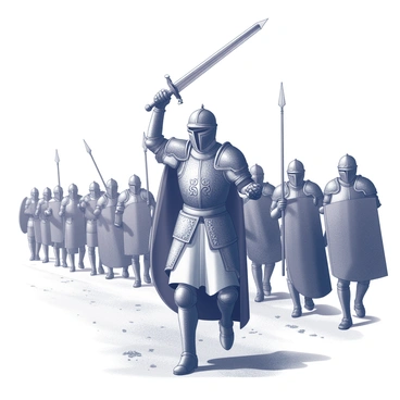 A king wearing intricately detailed armor stands at the forefront of a line of soldiers. His armor features ornate engravings and a majestic crest on the chest plate. He holds a sword high above his head with one hand, signaling his troops to advance. The soldiers behind him are equipped with various weapons, such as shields and spears, ready for battle. Many of them wear matching armor, while others display unique designs. The ground beneath them is uneven, marked by dirt and grass, indicating they are on a battlefield. The atmosphere is tense and dynamic, filled with the anticipation of the conflict ahead.