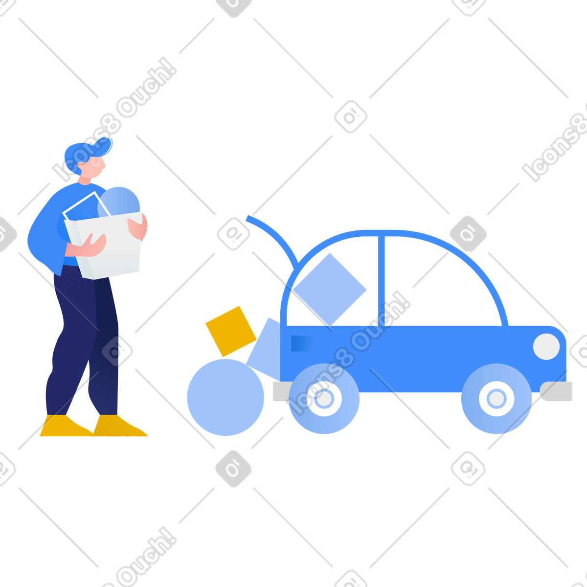Mann legt dinge in den kofferraum-Illustration im Clip-Stil als Download PNG, SVG