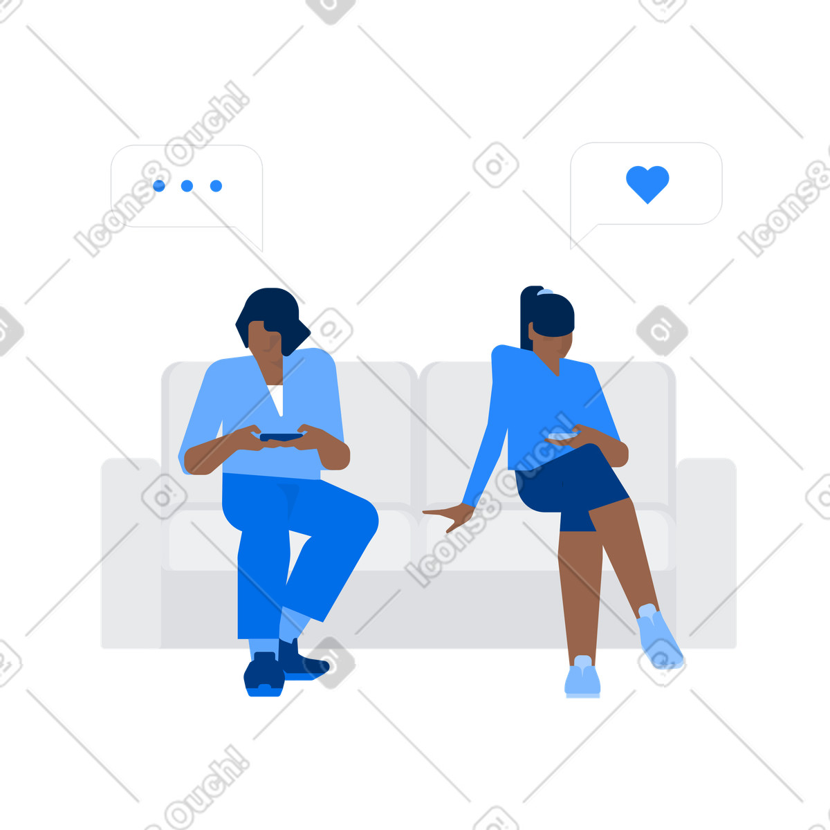 下载 Urban 风格的 Pair sharing sofa while using smartphones, Screen time and social engagement 插画，支持 PNG、SVG 格式