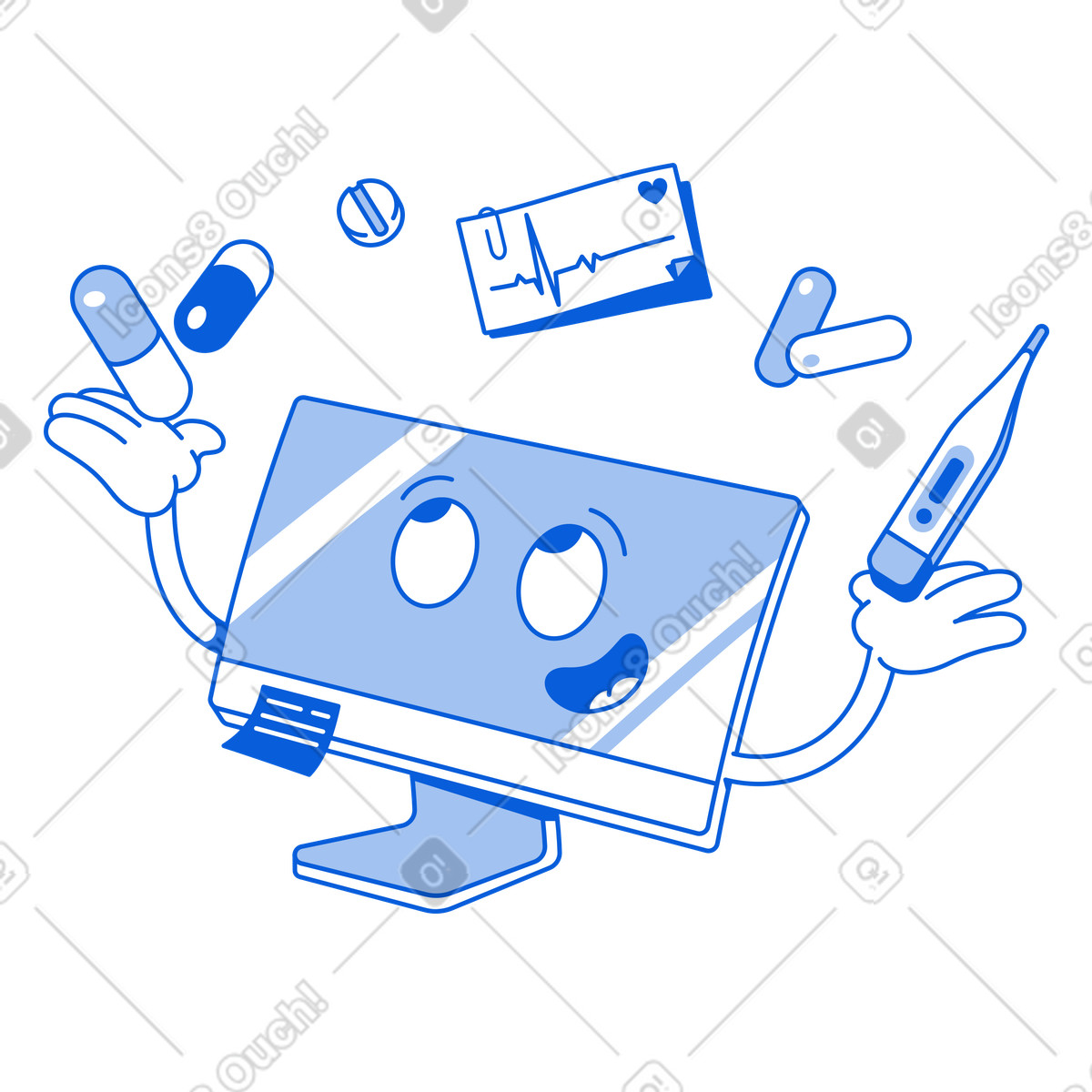Pillole, termometro, cardiogramma sorvolano il monitor illustrazione in stile Handy Line scarica in PNG, SVG