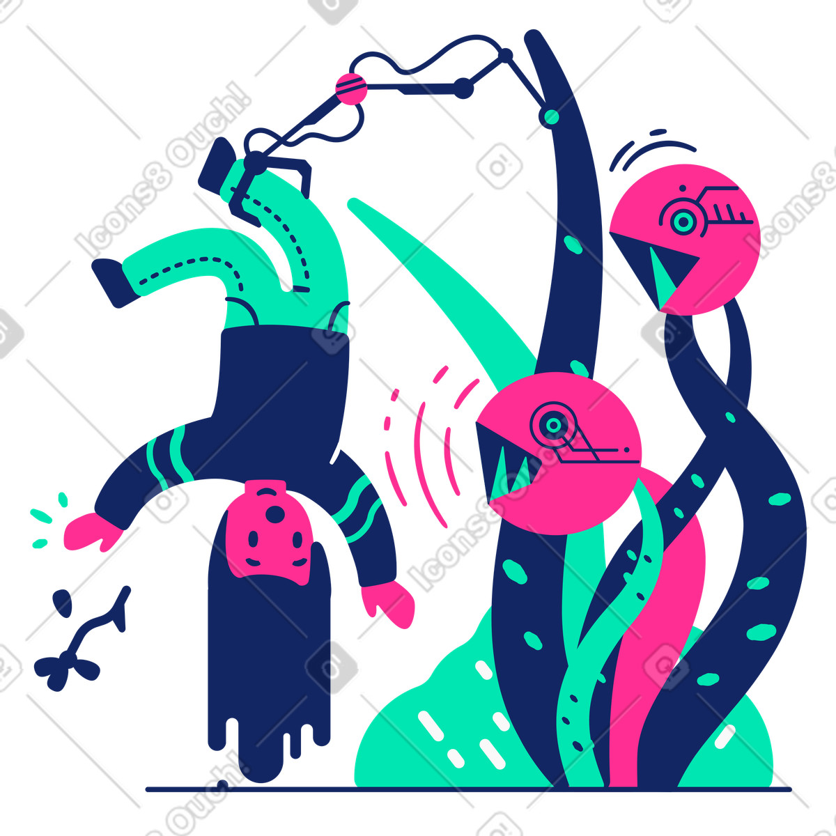 Aggressive robotic plants grabbing a human illustration, depicting a critical failure clipart in SVG, GIF