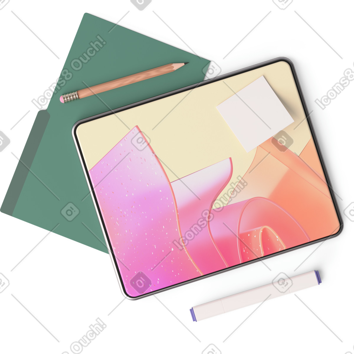 Top view of tablet, folder, marker, and pencil illustration in 3D Hygge style download in PNG, SVG