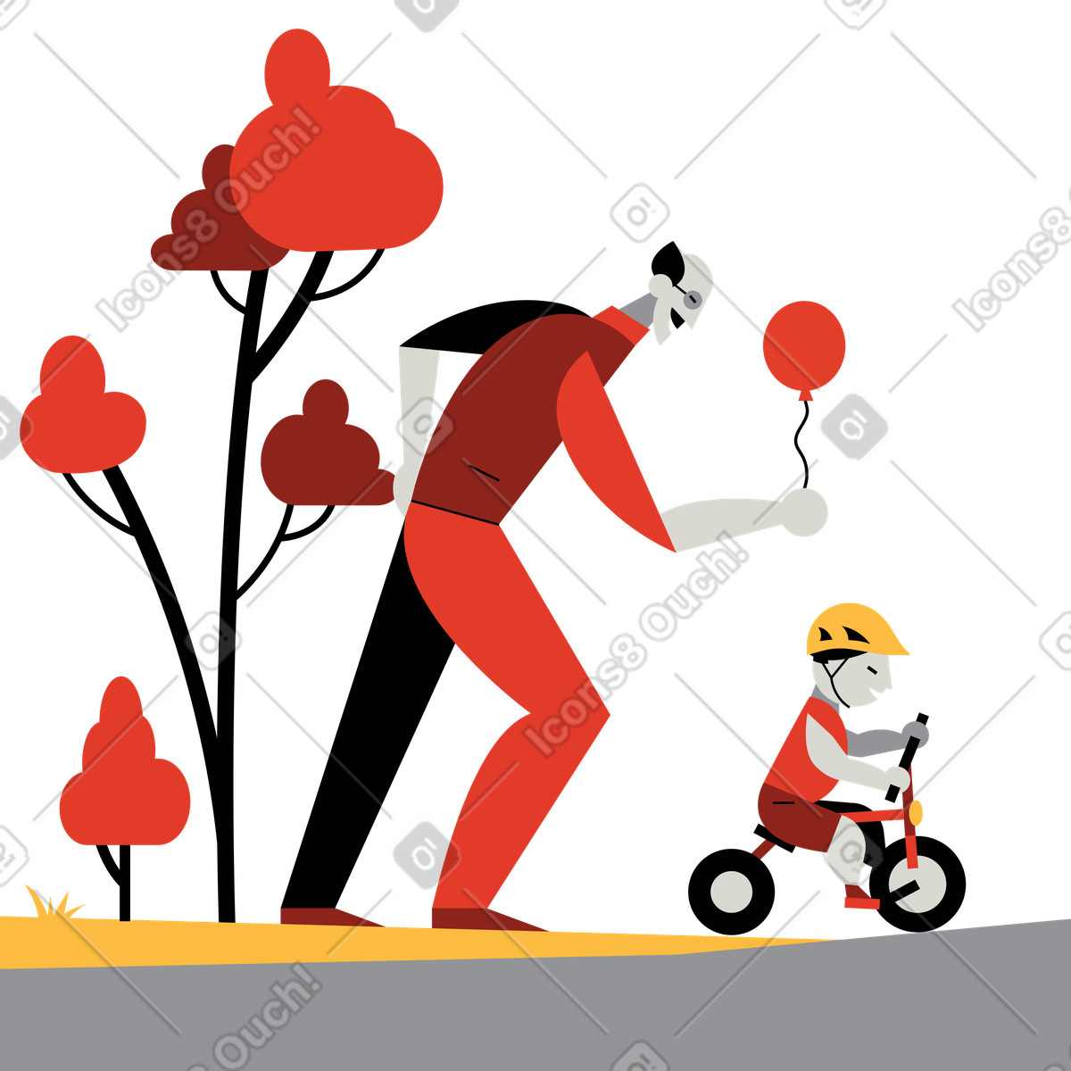 Old man looking after a grandchild illustration in Burgundy style download in PNG, SVG
