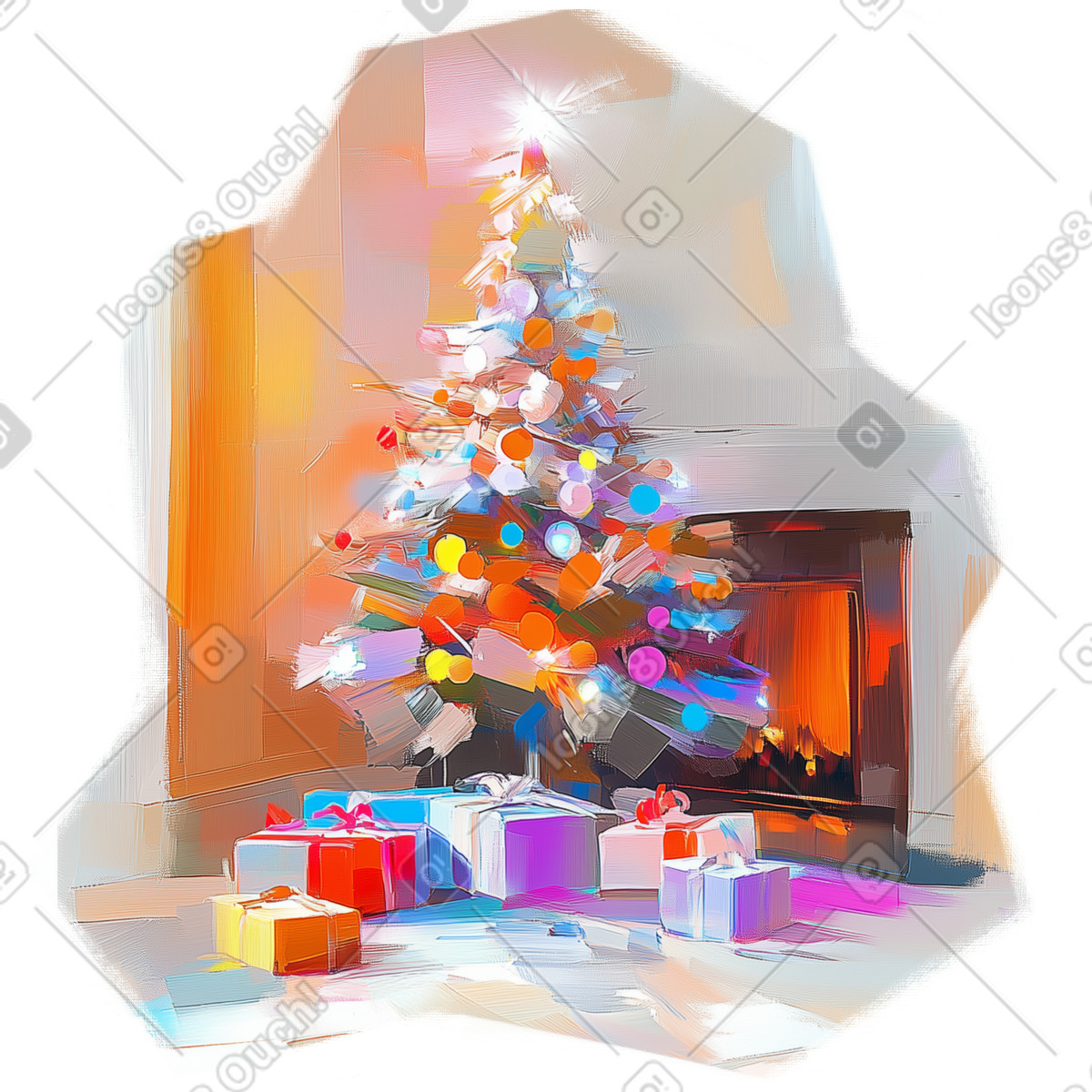 Ilustración Pintura al óleo de árbol navidad cerca la chimenea. en estilo Pictorial a descargar en PNG y SVG