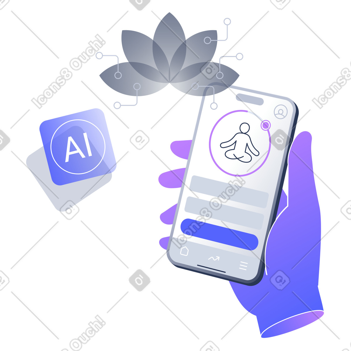 Smartphone with meditation app, Digital wellness assistant and AI integration-Illustration im Lucent-Stil als Download in PNG, SVG
