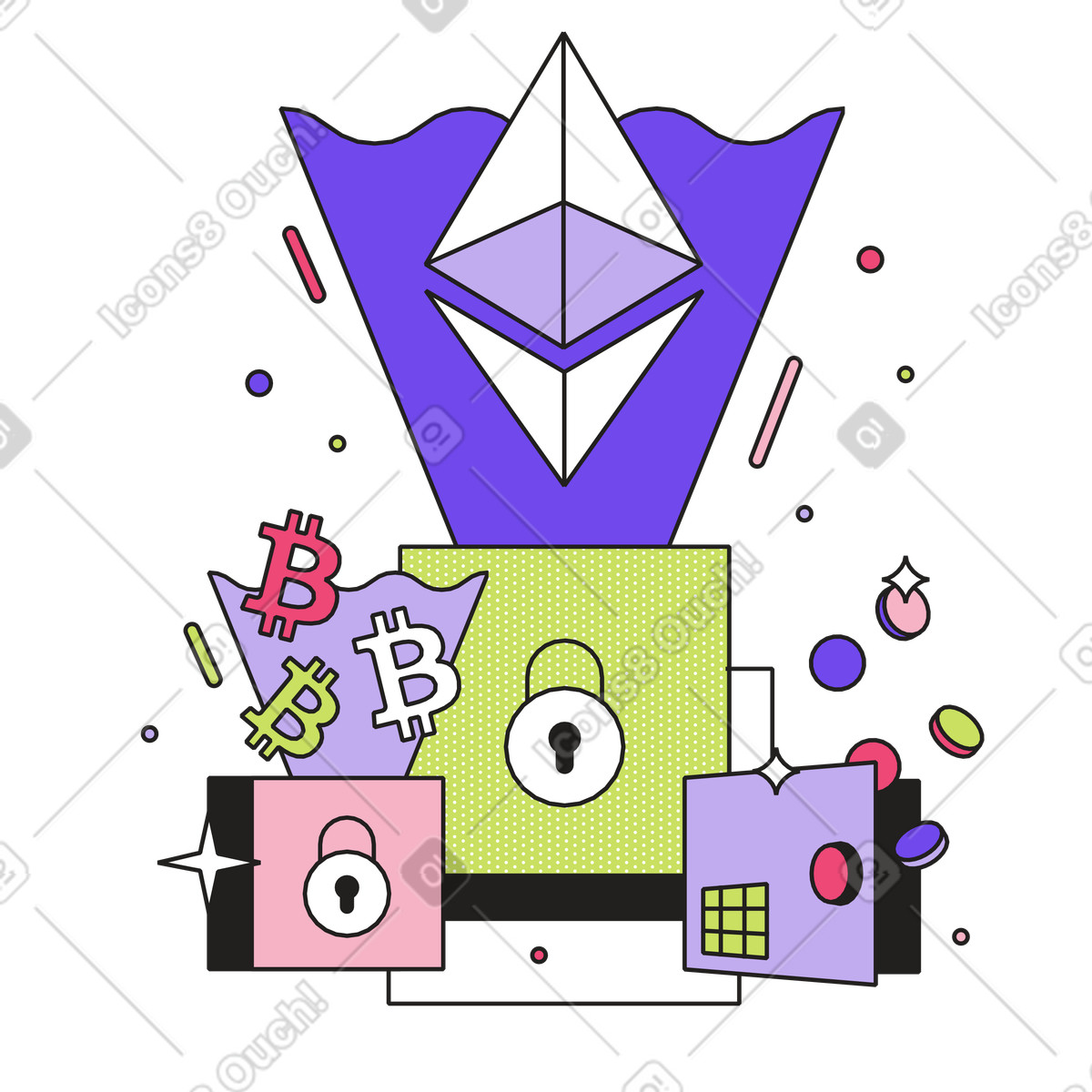 Ilustración Digital asset safety and privacy, Cryptocurrency security protection en estilo Dazzle a descargar en PNG y SVG