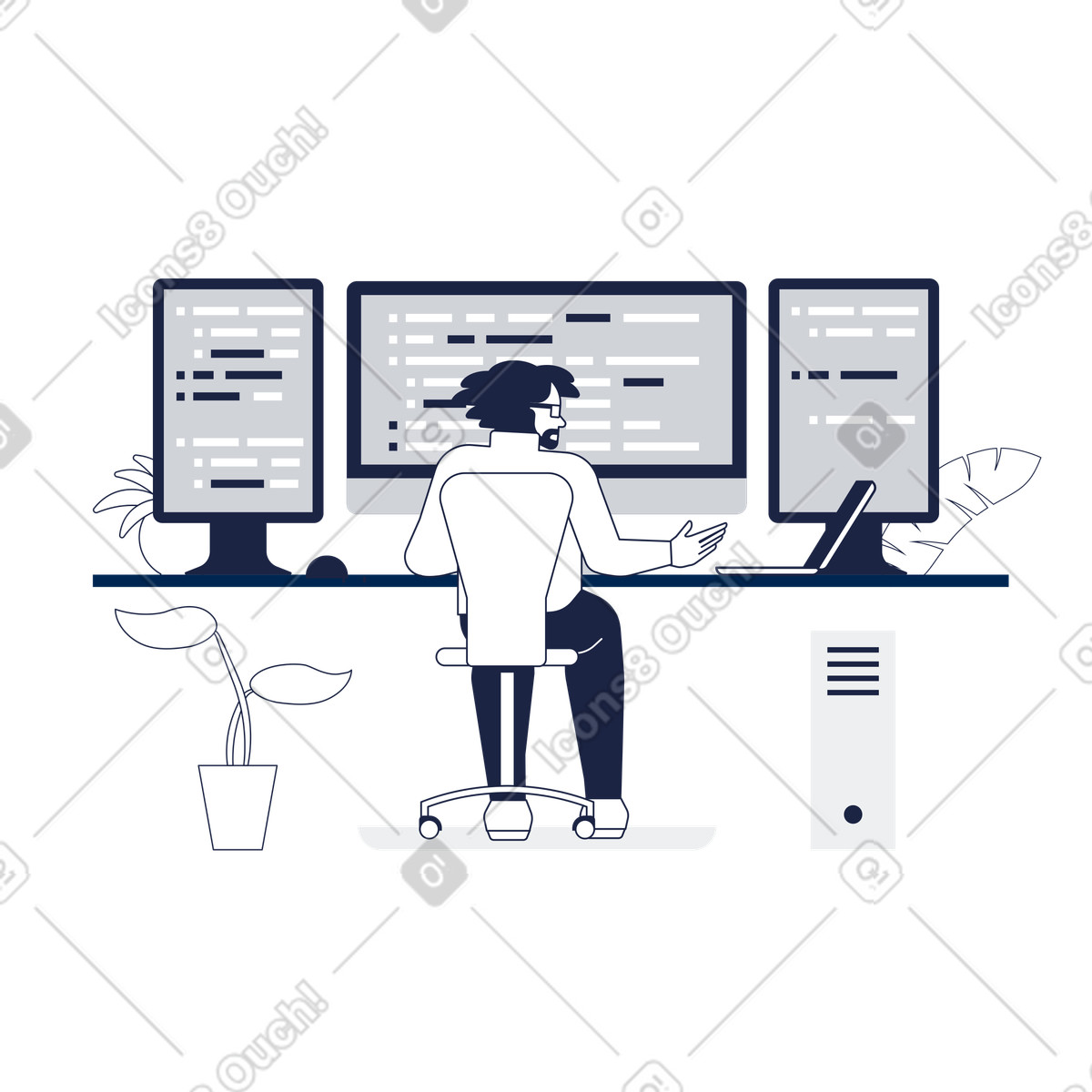 Developer at desk with triple monitors, Software engineering workspace illustration in PNG, SVG