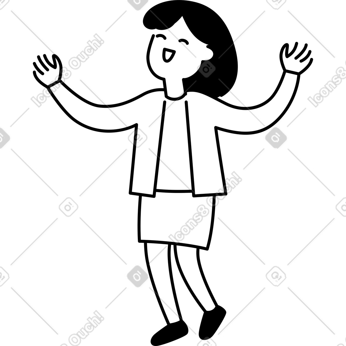 Character joyful pose with raised hands and smiling open mouth-Illustration im Notion Line Art-Stil als Download in PNG, SVG