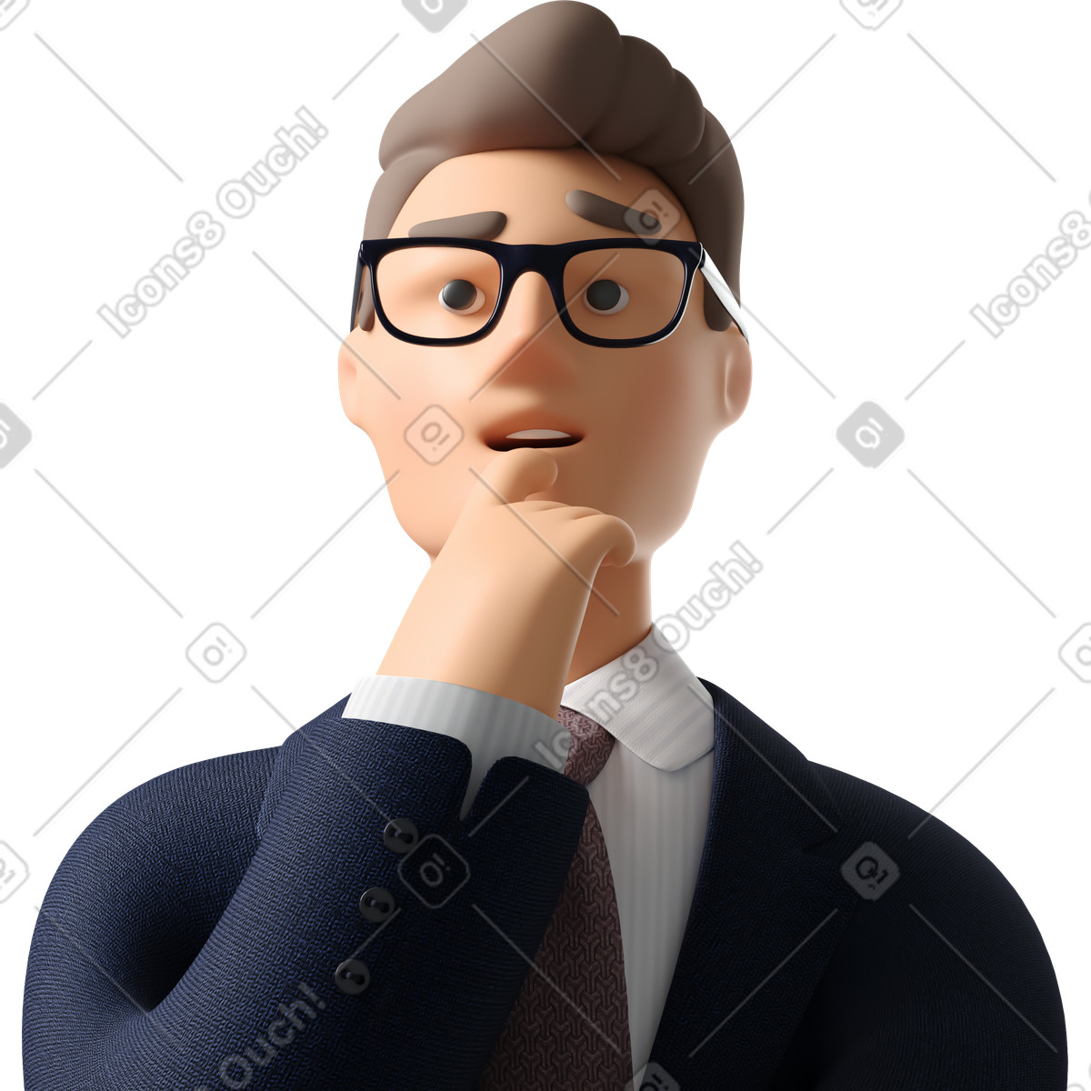 Close up of pondering businessman in dark blue suit illustration 3D Business style download PNG, SVG