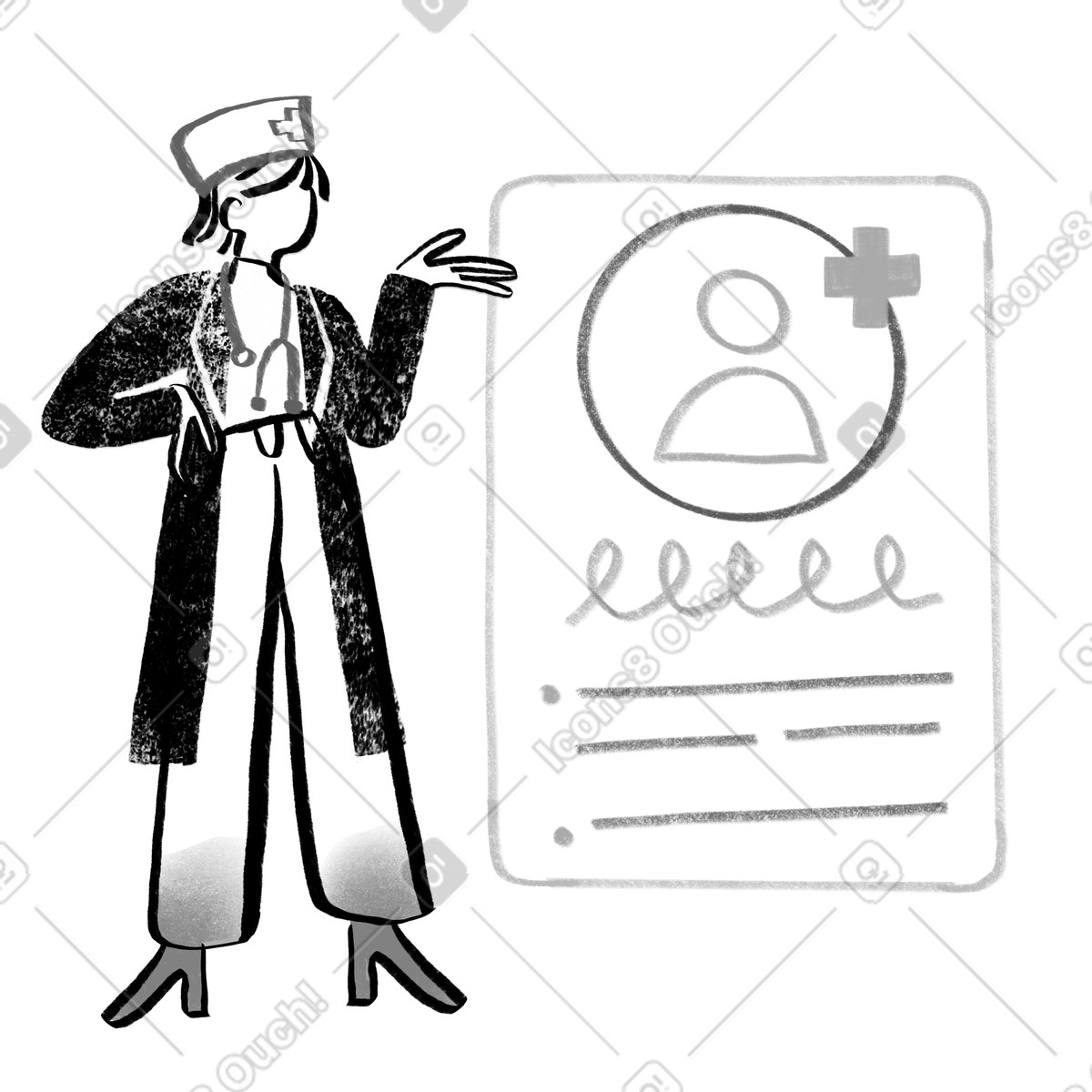 Black and white doctor looking at patient`s card illustration in Company style download in PNG, SVG