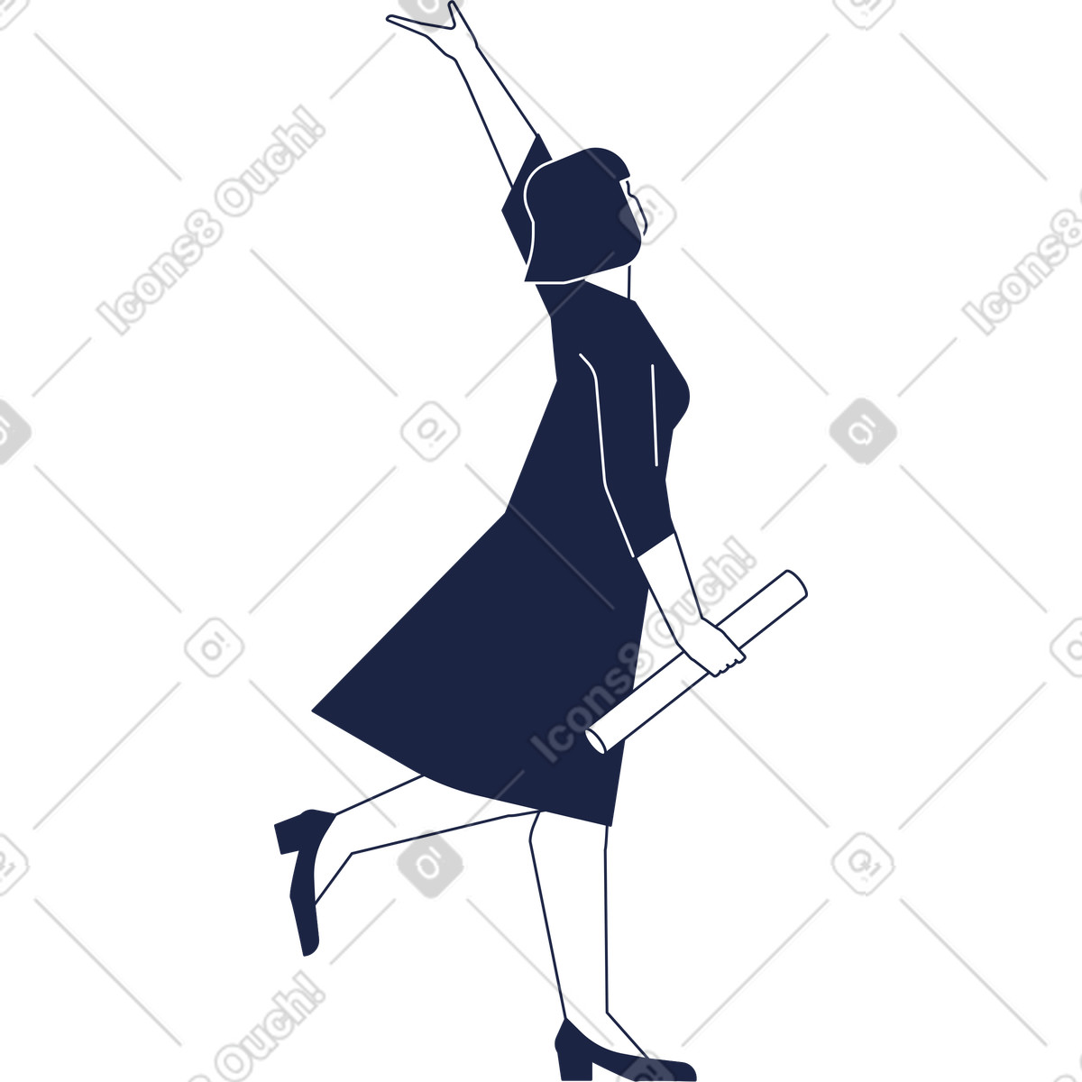 Ilustração de Garota graduada com diploma em roupão levanta a mão no estilo Urban Line para baixar PNG, SVG
