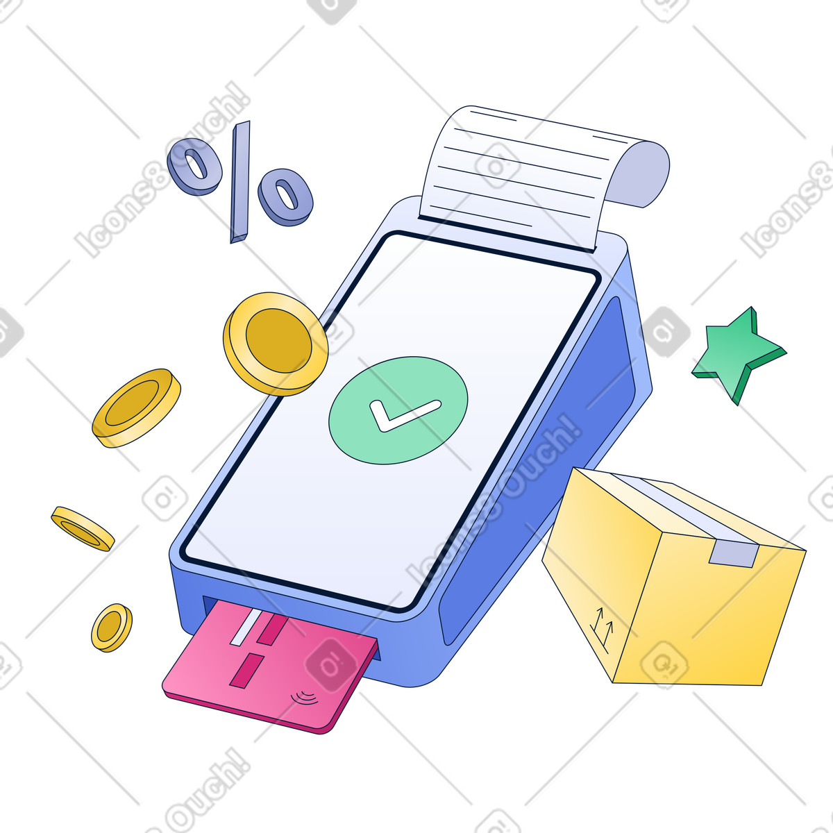 POS terminal with check mark and bank card, Payment confirmation and cashback rewards, E-commerce and order fulfillment illustration in PNG, SVG