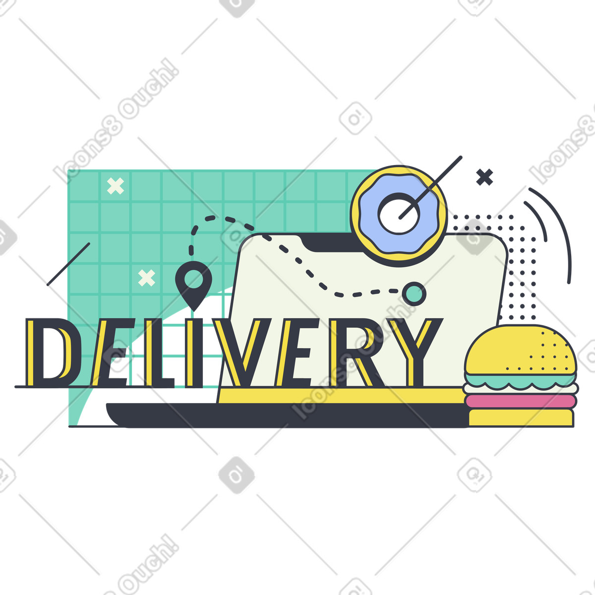 Route map and order tracking on screen, Online food delivery service illustration in Abstract style download in PNG, SVG