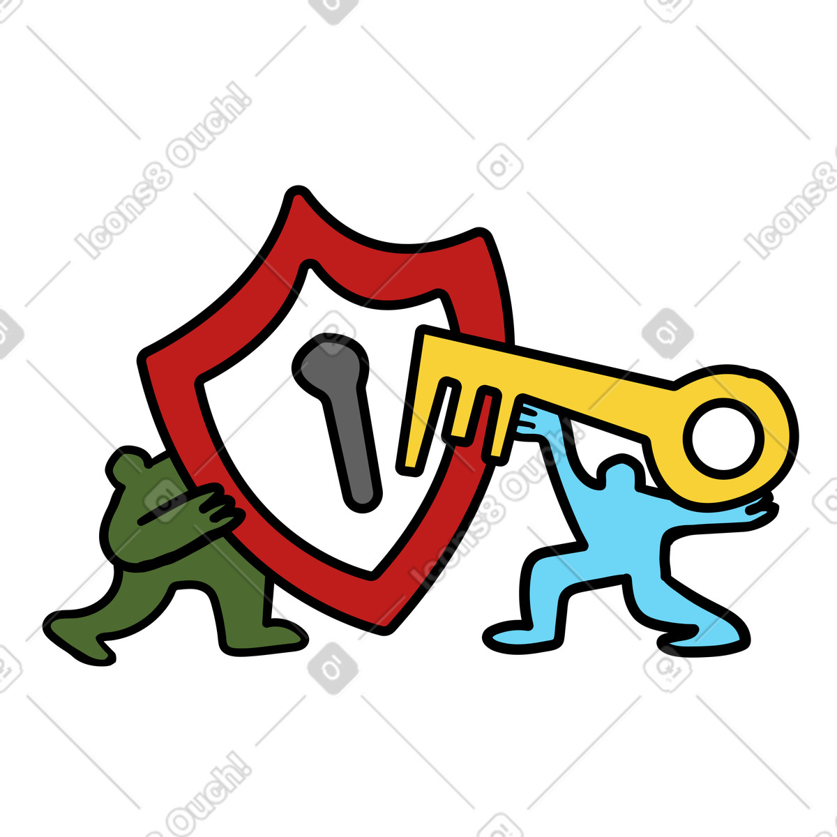 Teammates holding giant shield with keyhole and key, online account safety secure login illustration in Wiggle style download in PNG, SVG