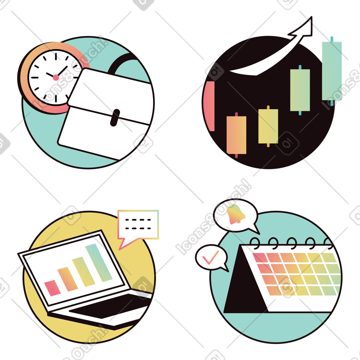 Ilustração de Business icons with calendar, laptop, briefcase, and candlestick chart, Productivity workflow em no estilo Delight para baixar em PNG, SVG