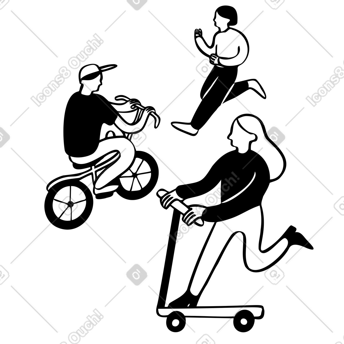 Ilustração de Pessoas que usam diferentes modos de transporte na cidade em PNG e SVG