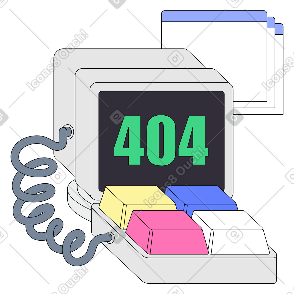 404 page not found, broken link alert, Server error message in terminal UI illustration in Teko style download in PNG, SVG