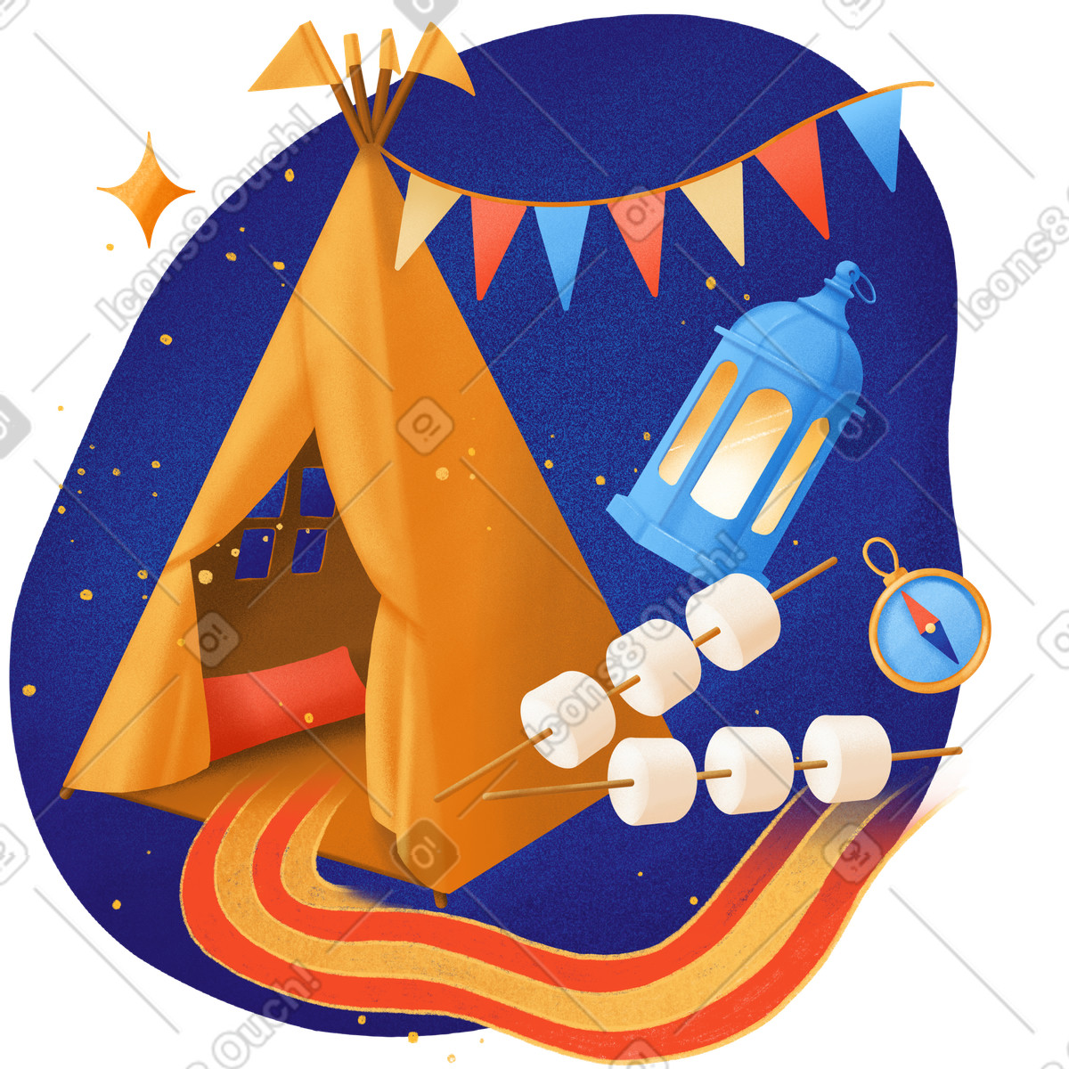 Children's tent with lantern and marshmallow skewers, Indoor camping or sleepover activity illustration in Gleam style download in PNG, SVG