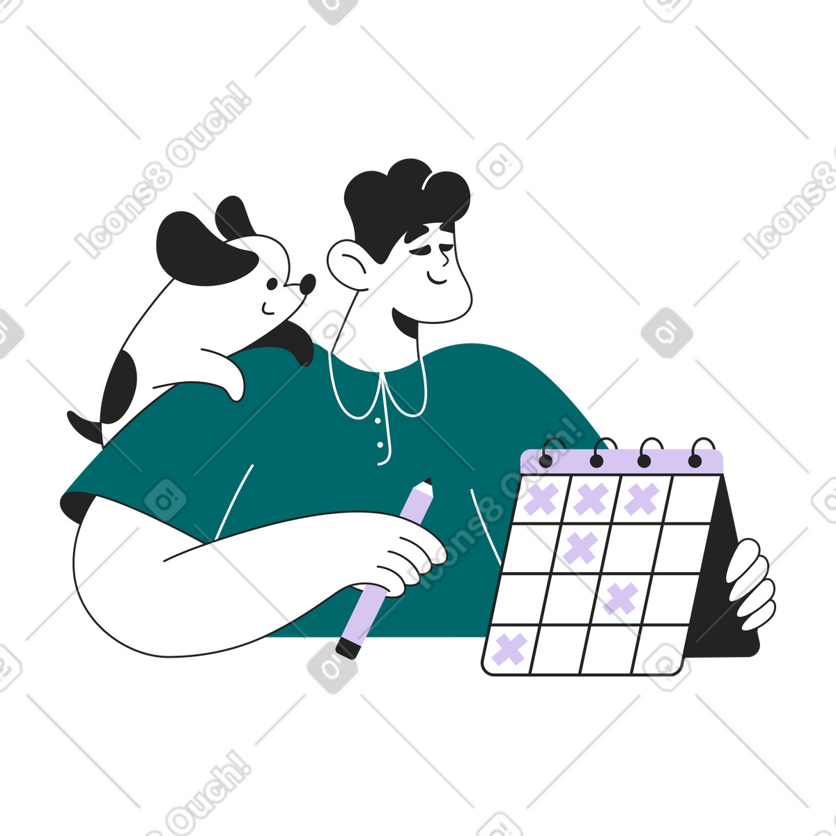 Ilustração de Homem marcando dias no calendário com cachorro ombro em estilo Sammy Line para baixar em PNG, SVG