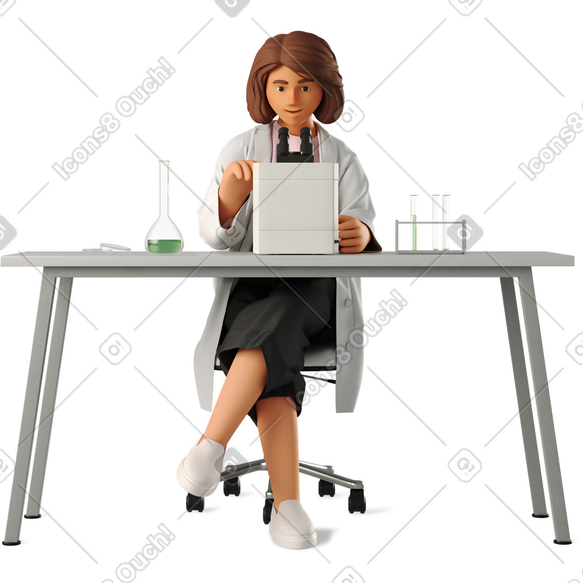 Young woman scientist working with microscope illustration in 3D Business style download in PNG, SVG